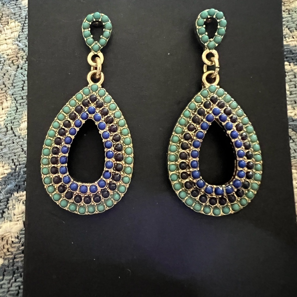 Teardrop Beaded Earrings in Green and Blue